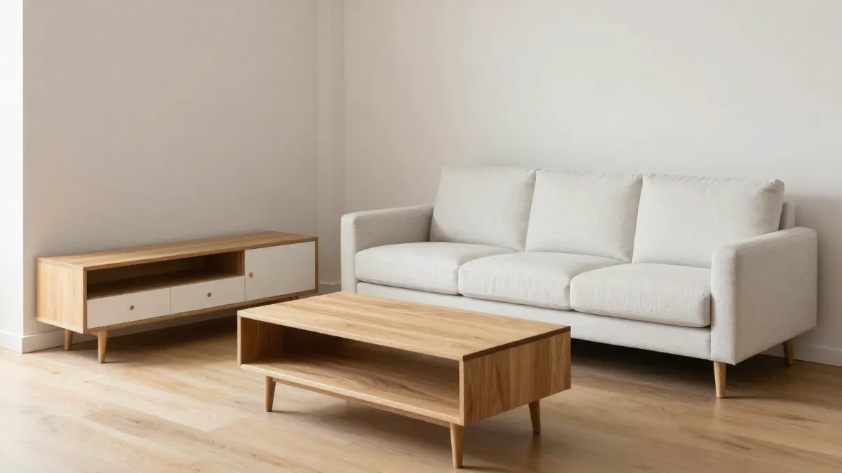 Salon complet assorti : canapé trois places blanc, meuble TV bas et table basse en chêne clair