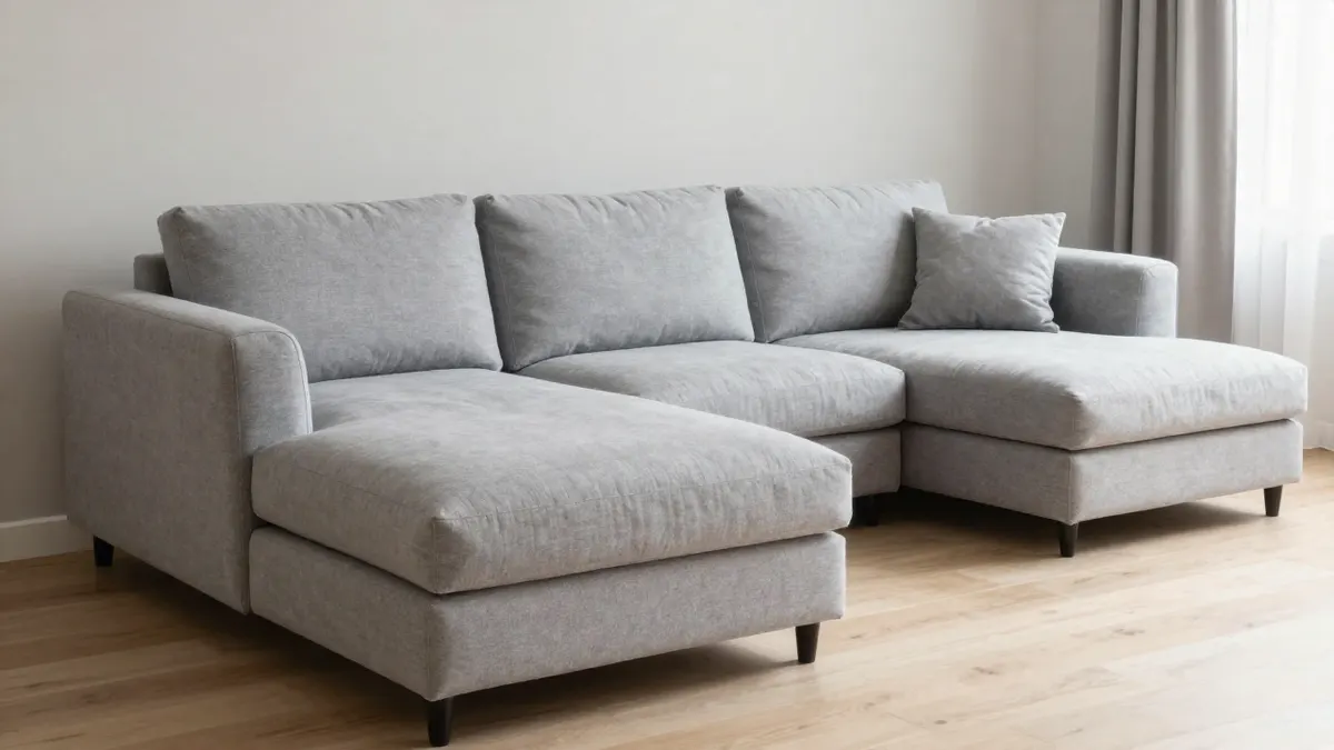 Canapé d'angle convertible gris clair avec méridienne, dans un salon lumineux