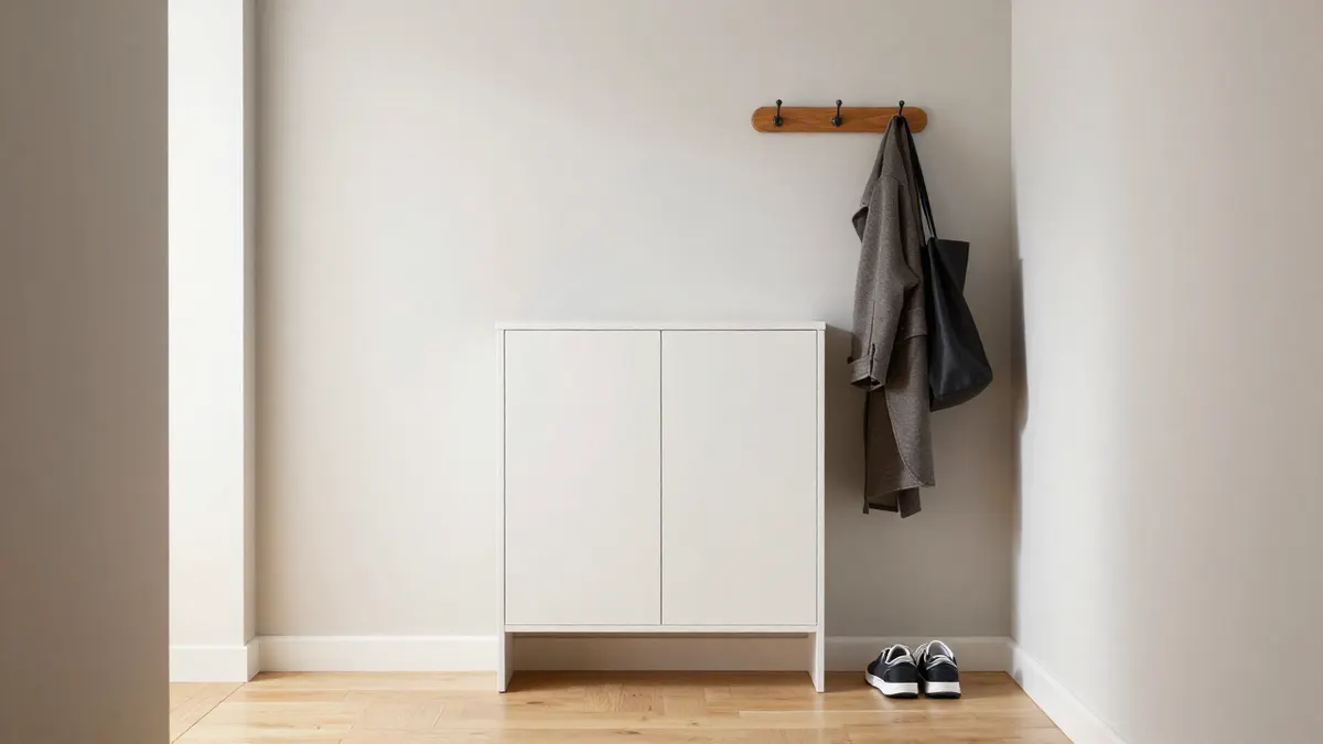 Meuble à chaussures blanc à deux portes sous un porte-manteau mural en bois, dans une entrée