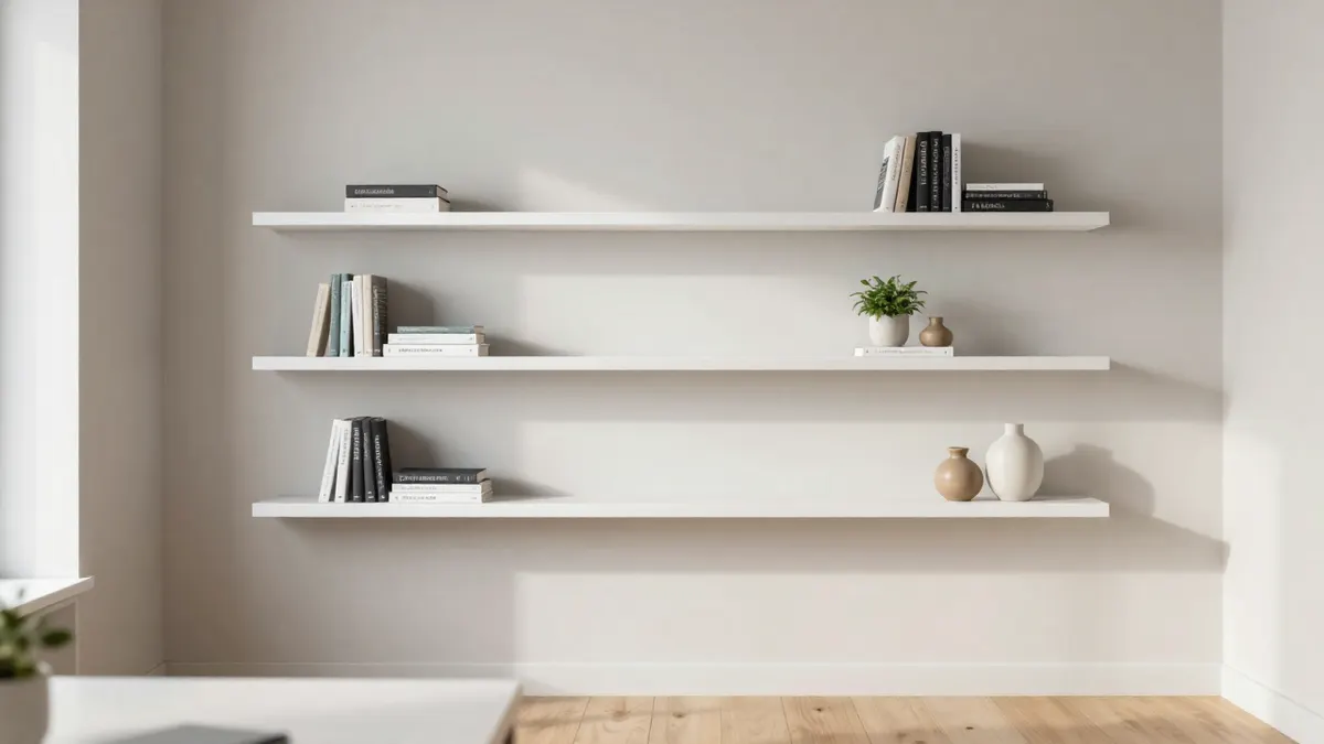 Trois étagères murales blanches garnies de livres, de petites plantes et de vases en céramique