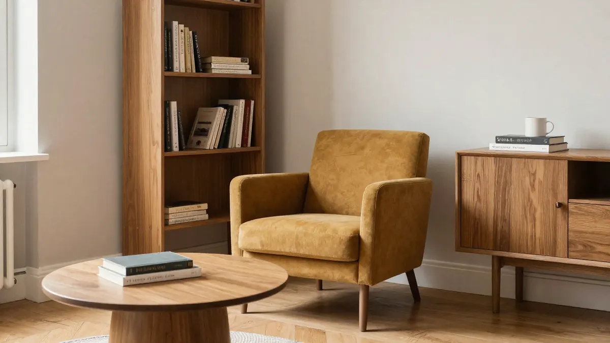 Coin salon avec fauteuil moutarde, table basse ronde en bois, bibliothèque et buffet en chêne