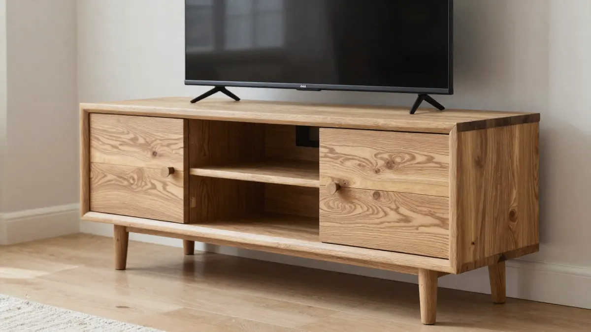 Meuble TV en pin massif avec deux tiroirs et une niche ouverte, sous un téléviseur