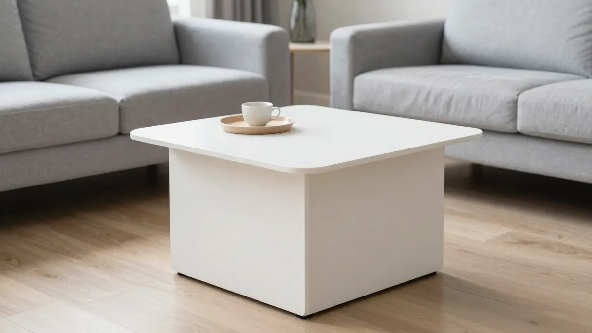 Table basse carrée blanche aux angles arrondis devant un canapé gris clair, une tasse posée dessus