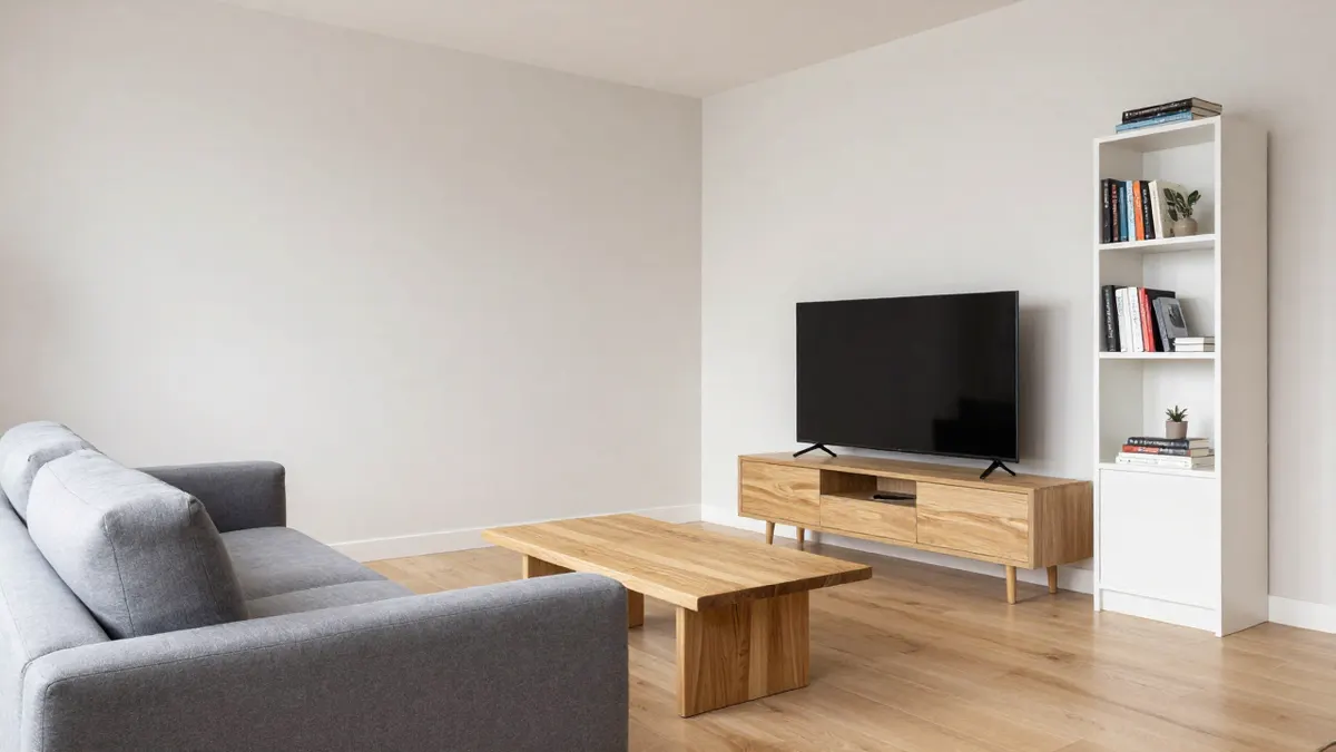 Salon lumineux avec canapé gris, table basse en bois, meuble TV bas et bibliothèque blanche