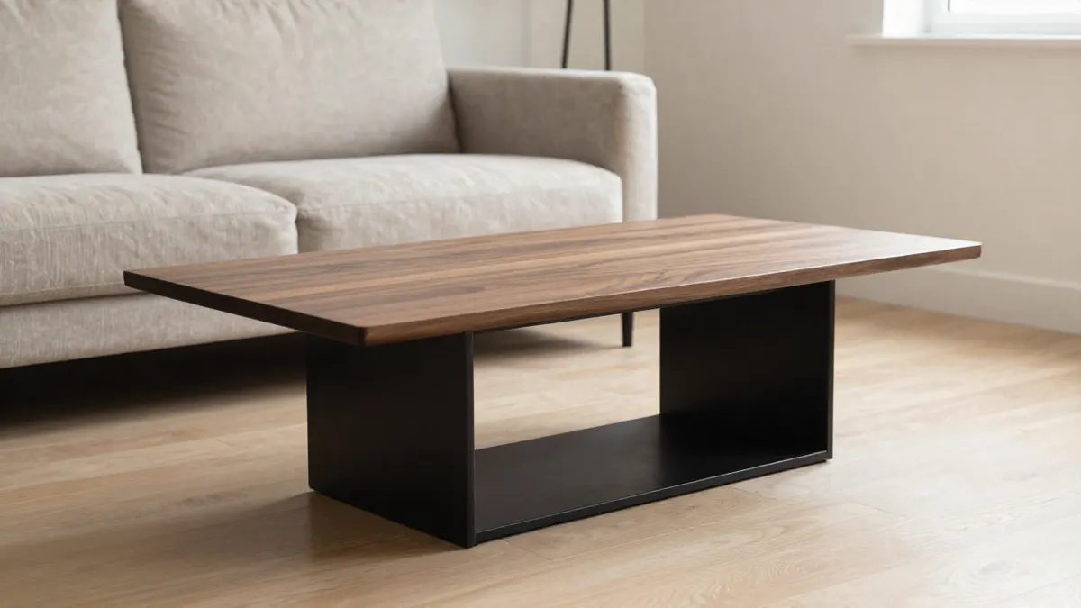 Table basse au plateau en noyer et au piètement noir géométrique devant un canapé beige