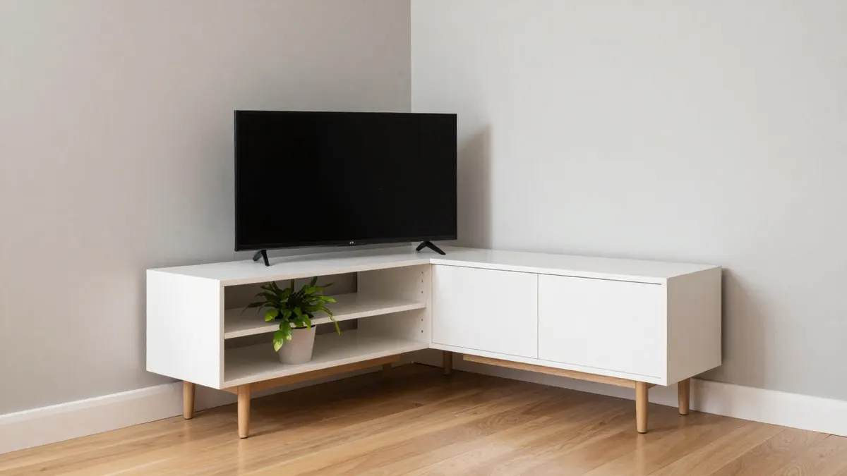 Meuble TV d'angle blanc à pieds en chêne installé dans le coin d'un salon, avec une plante sur l'étagère