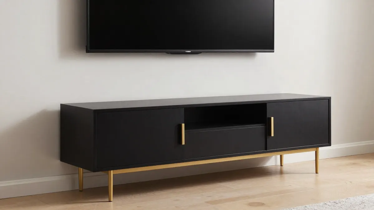 Meuble TV noir aux poignées et pieds dorés, sous un téléviseur fixé au mur