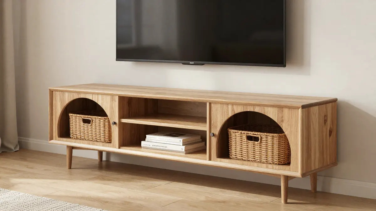 Meuble TV en bois clair à ouvertures en arche, avec paniers tressés et livres rangés