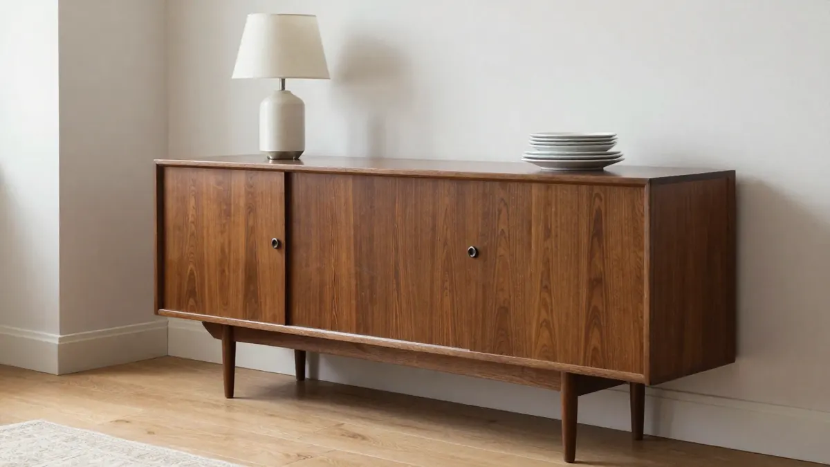 Mid-century walnut sideboard with sliding doors, a lamp and a stack of plates on top